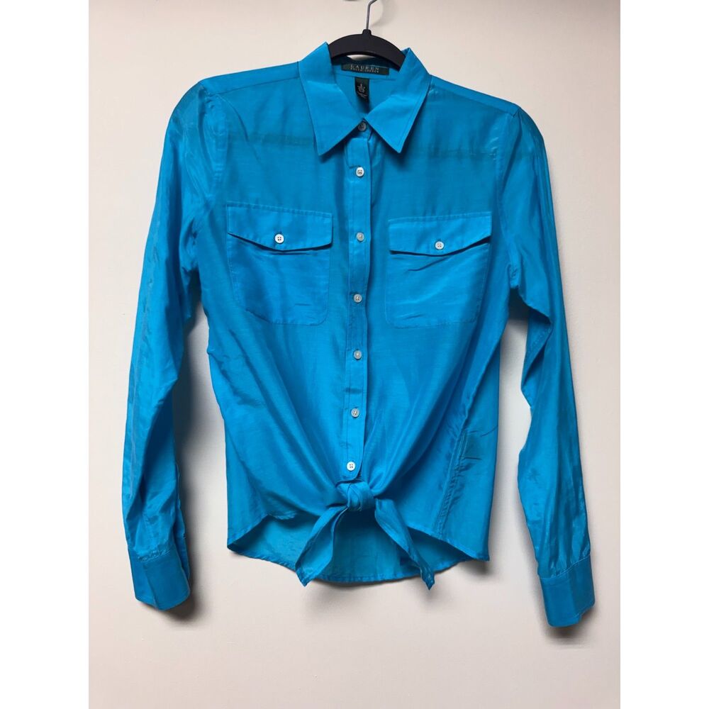 LAUREN RALPH LAUREN Turquoise Cotton/Silk Tie Front Button Up Shirt, S